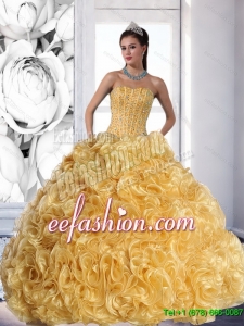 Exquisite Strapless Gold 2015 Quinceanera Dress with Beading and Rolling Flowers