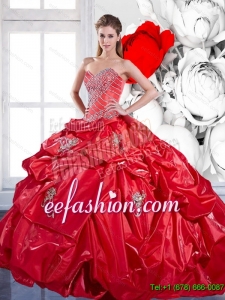 Gorgeous 2015 Beading and Appliques Red Quinceanera Dresses with Brush Train and Pick Ups