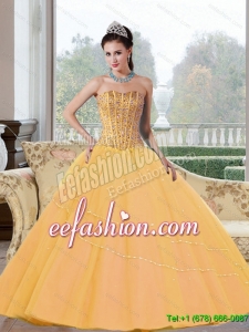 Popular Beading Strapless 2015 Quinceanera Dresses in Gold