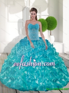 Pretty Sweetheart Teal Sweet 15 Dresses with Appliques and Ruffled Layers