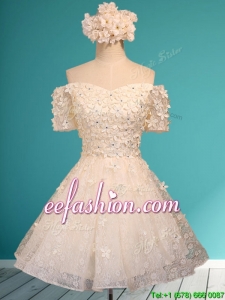 Beautiful White Off the Shoulder Short Sleeves Prom Dress with Appliques and Beading