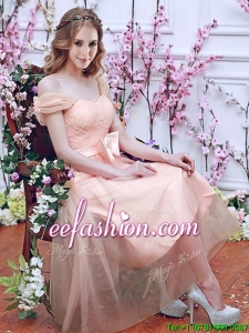 Gorgeous Off the Shoulder Cap Sleeves Prom Dress with Bowknot