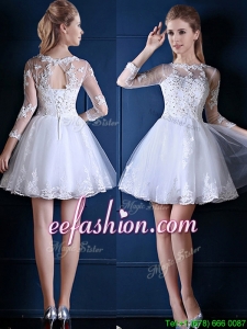 New See Through Scoop Three Fourth Length Sleeves Short Prom Dress in White