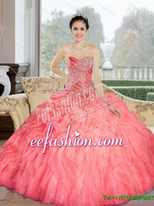 New Style 2015 Beading and Ruffles Sweetheart Quinceanera Dresses in Watermelon