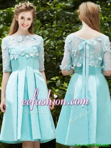 See Through Bateau Half Sleeves Appliques Prom Dress in Apple Green