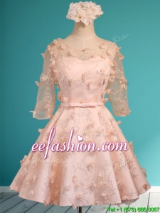 Wonderful Applique and Belted Scoop Short Prom Dress in Peach