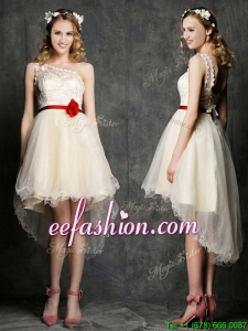 Classical One Shoulder High Low Champagne Dama Dress with Belt and Appliques