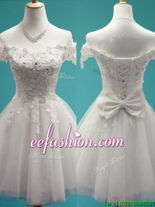 Gorgeous White Off the Shoulder Cap Sleeves Dama Dress with Beading and Bowknot