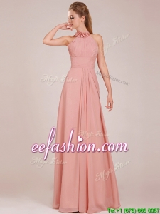 Low Price Halter Top Peach Long Bridesmaid Dress in Chiffon