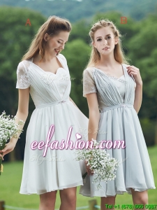 New Short Sleeves Bridesmaid Dress with Belt and Lace