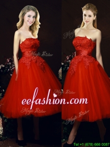 Perfect Puffy Skirt Strapless Applique Tea Length Red Dama Dress