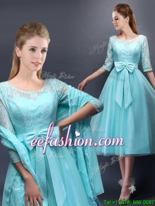 Romantic Aqua Blue Scoop Half Sleeves Bridesmaid Dress with Bowknot