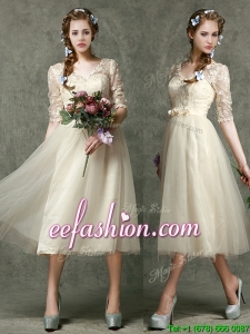 Romantic V Neck Half Sleeves Dama Dress with Lace and Belt