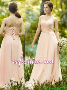 See Through One Shoulder Peach Bridesmaid Dress in Floor Length