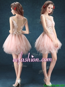 See Through Scoop Baby Pink Dama Dress with Appliques and Ruffles