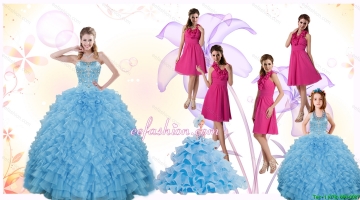 2015 Gorgeous Ruffles and Beading Quinceanera Dress and Hot Pink Short Dama Dresses and Cute Halter Top Little Girl Dres