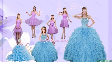 Beading Pretty Aqua Blue Quinceanera Gown and Lilac Short Dama Dresses and Halter Top Ruffles Pageant Dresses for Little