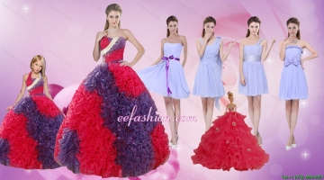 Elegant Multi Color Floor Length Quinceanera Dress and Ruching Short Dama Dresses and Multi Color Halter Top Little Girl