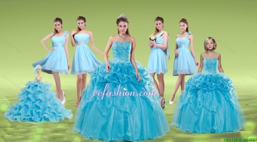 Pick Ups and Embriodery Baby Blue Quinceanera Dress and Ruching Short Dama Dresses and Embroidery Baby Blue Little Girl 