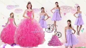 Popular Beading and Ruffles Quinceanera Dress and Bownot and Beading Short Dama Dresses and Pink Floor Length Little Gir