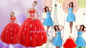 Sweetheart Ball Gown Red Quinceanera Gown and V Neck Beading Short Prom Dresses and Red Halter Top Little Girl Dress
