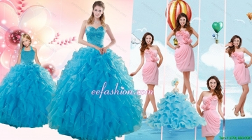 Teal Sweetheart Beading and Ruffles Sweet 16 Dress and Hand Made Flowers and Ruching Baby Pink Dama Dresses and Halter T