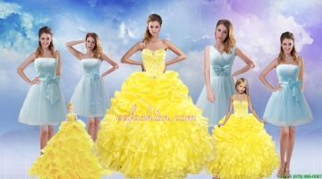 Yellow Sweetheart Rufflers Beading Quinceanera Dress and Bownot Short Prom Dresses and Yellow Spaghetti Straps Beading P