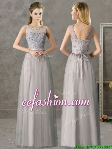 Cheap See Through Scoop Grey Long Bridesmaid Dress with Appliques