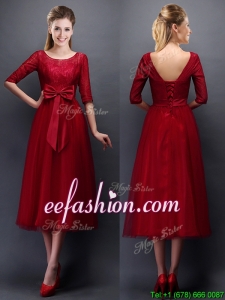 Gorgeous Scoop Half Sleeves Bowknot Mother Of The Bride Dresses in Wine Red