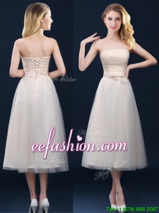 Low Price Strapless Belt Champagne Long Prom Dresses in Tulle