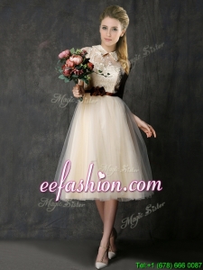 Luxurious High Neck Champagne Mother Of The Bride Dresses with Hand Made Flowers and Lace