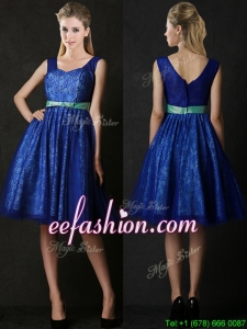 New Arrivals Belted and Laced Blue Prom Dresses in Knee Length