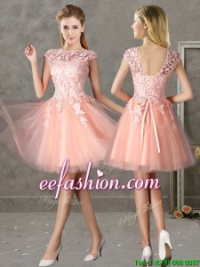 New Style Bateau Peach Short Bridesmaid Dress with Lace