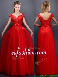 Perfect Beaded V Neck Red Bridesmaid Dress with Cap Sleeves