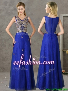 Perfect V Neck Appliques and Beading Bridesmaid Dress in Royal Blue