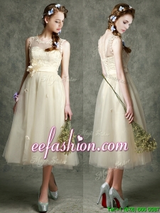 See Through Scoop Champagne Bridesmaid Dress with Hand Made Flowers and Appliques