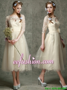 See Through Scoop Half Sleeves Mother Of The Bride Dresses with Hand Made Flowers and Lace