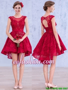 See Through Scoop High Low Wine Red Mother Of The Bride Dresses with Lace