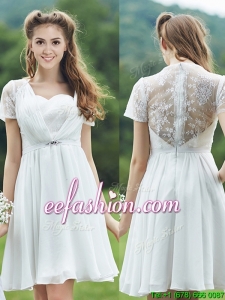 See Through Short Sleeves White Bridesmaid Dress with Belt and Lace