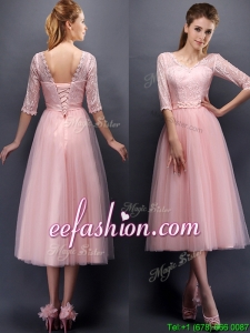 See Through V Neck Half Sleeves Mother Of The Bride Dresses with Lace and Belt