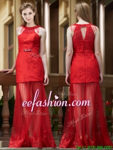 Sexy Belted Red Long Prom Dresses in Tulle and Lace
