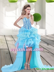 2015 Cheap Aqua Blue High Low Prom Dress with Beading and Ruffles