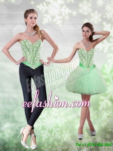 Pretty Beading and Ruffles Apple Green Prom Dress for 2015