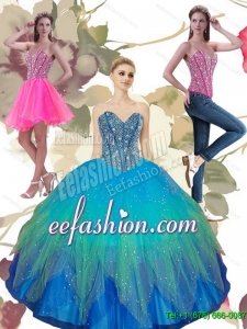 2015 Beautiful Beading Sweetheart Tulle Quinceanera Dresses in Turquoise