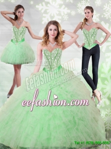 2015 Fashionable Beading and Ruffles Sweetheart Quinceanera Gown in Apple Green
