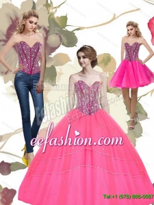 2015 Popular Beading Sweetheart Tulle Hot Pink Quinceanera Dresses