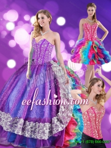 2015 Popular Beading and Ruffles Sweetheart Quinceanera Dresses in Multi Color
