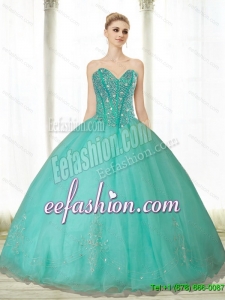 Custom Made Beading and Appliques Turquoise Sweetheart Quinceanera Dresses for 2015