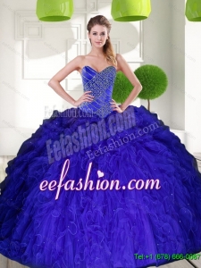 Discount Peacock Blue Sweetheart Beading Ball Gown Quinceanera Dress with Ruffles