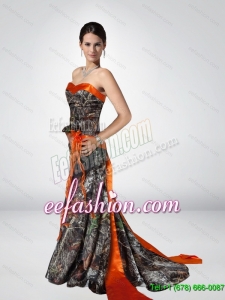 Popular Column Strapless Camo Prom Dresses with Hand Made Flower